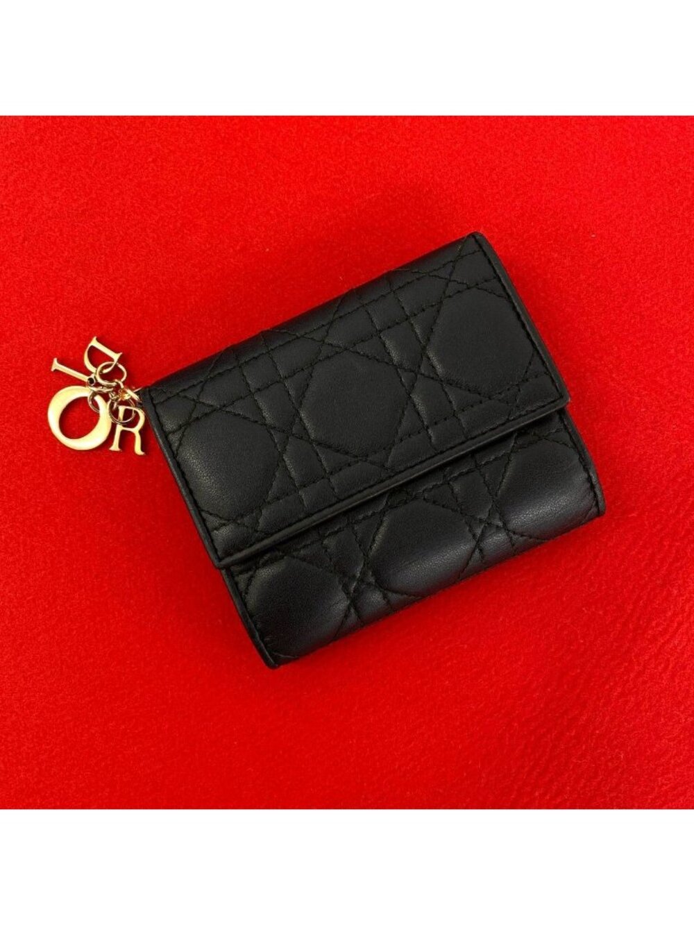 Dior Cannage Stitch Leather Bifold Wallet Mini Card Case Black